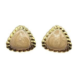 Pierced Creamy Triangle Shaped Earrings Retro Style Rope Edged Gold Tone